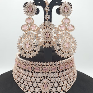 American DIAMOND Choker NECKLACE Set With Earring Mangtika  Combo Cz Stone Made Designer Indian Bridal Necklace  Earring Fashion Jewelry,