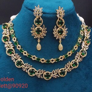 premium gold Plated Sleek Double line NECKLACE Set CZ Stone Made Ethnic Indian Bridal Combo Necklace with Earring American Diamond Set Green
