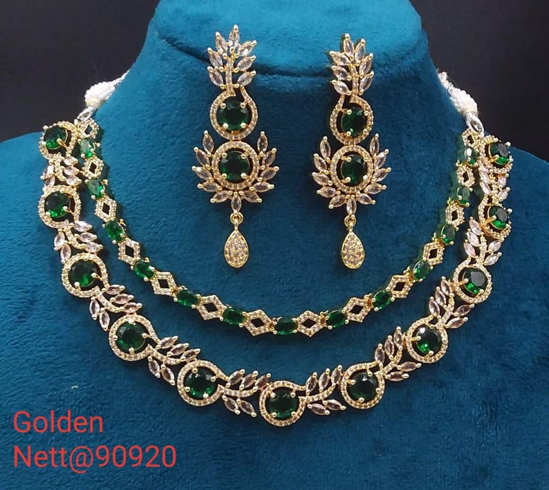 premium gold Plated Sleek Double line NECKLACE Set CZ Stone Made Ethnic Indian Bridal Combo Necklace with Earring American Diamond Set Green