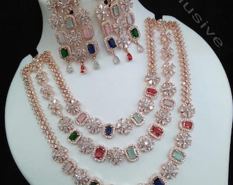 Amerikanische Diamant CZ Stein Lange 3-Linie HALSKETTE mit Ohrring-Set Cz Schmuck Komplette Hochzeits- und Party Tragen Lavish Bold Haram Halsketten-Set