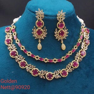 premium gold Plated Sleek Double line NECKLACE Set CZ Stone Made Ethnic Indian Bridal Combo Necklace with Earring American Diamond Set RUBY