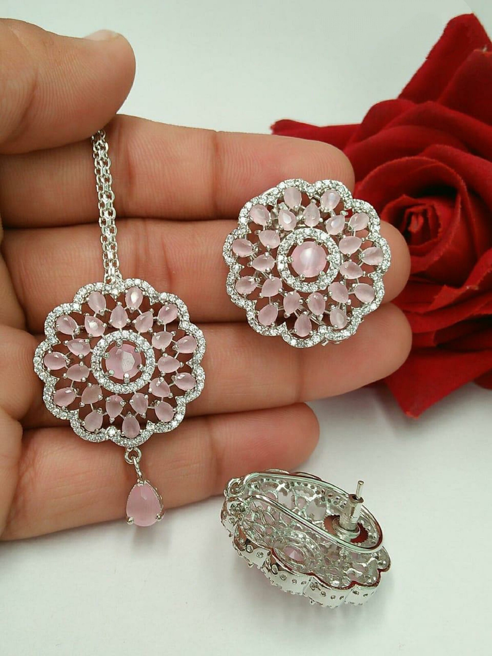 Silver earrings with maang tikka online
