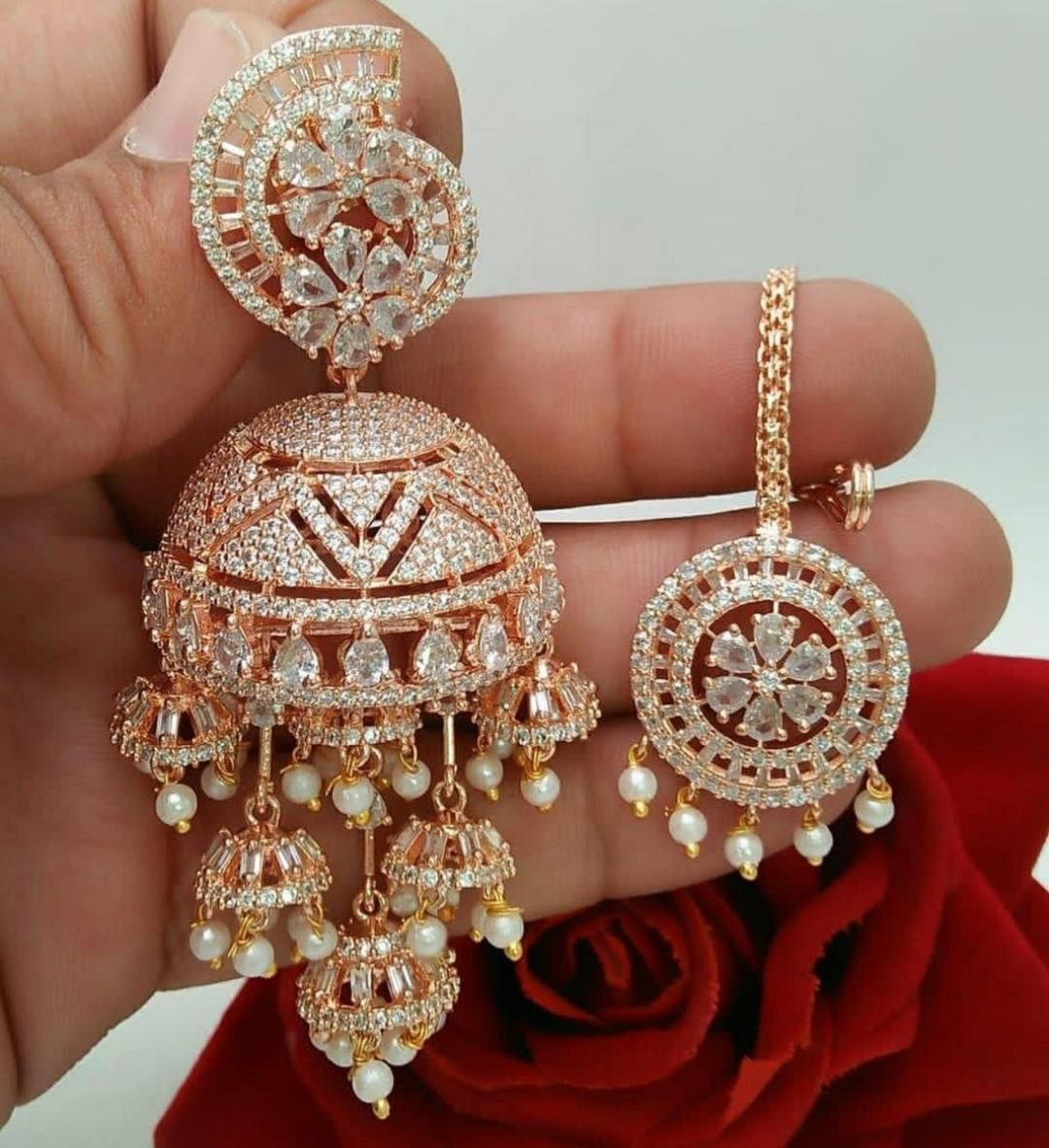 Celine Rose Gold Revolving JHUMKI EARRINGS Tika Set Indian Bridal American DIAMOND Clear Stones Cz Wedding Jewellery for Women Girls Etsy