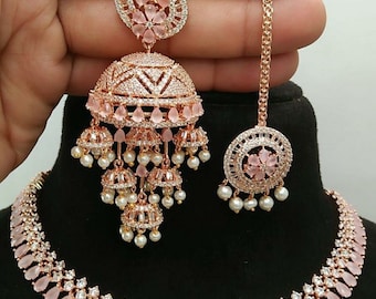 American DIAMOND, CZ Stone Jhumka Earring Maangtika NECKLACE set Bridal Wedding wear handcrafted Indian Jwellery set combo For Women