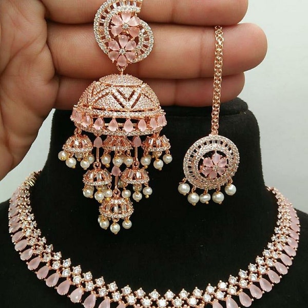 American DIAMOND, CZ Stone Jhumka Earring Maangtika NECKLACE set Bridal Wedding wear handcrafted Indian Jwellery set combo For Women