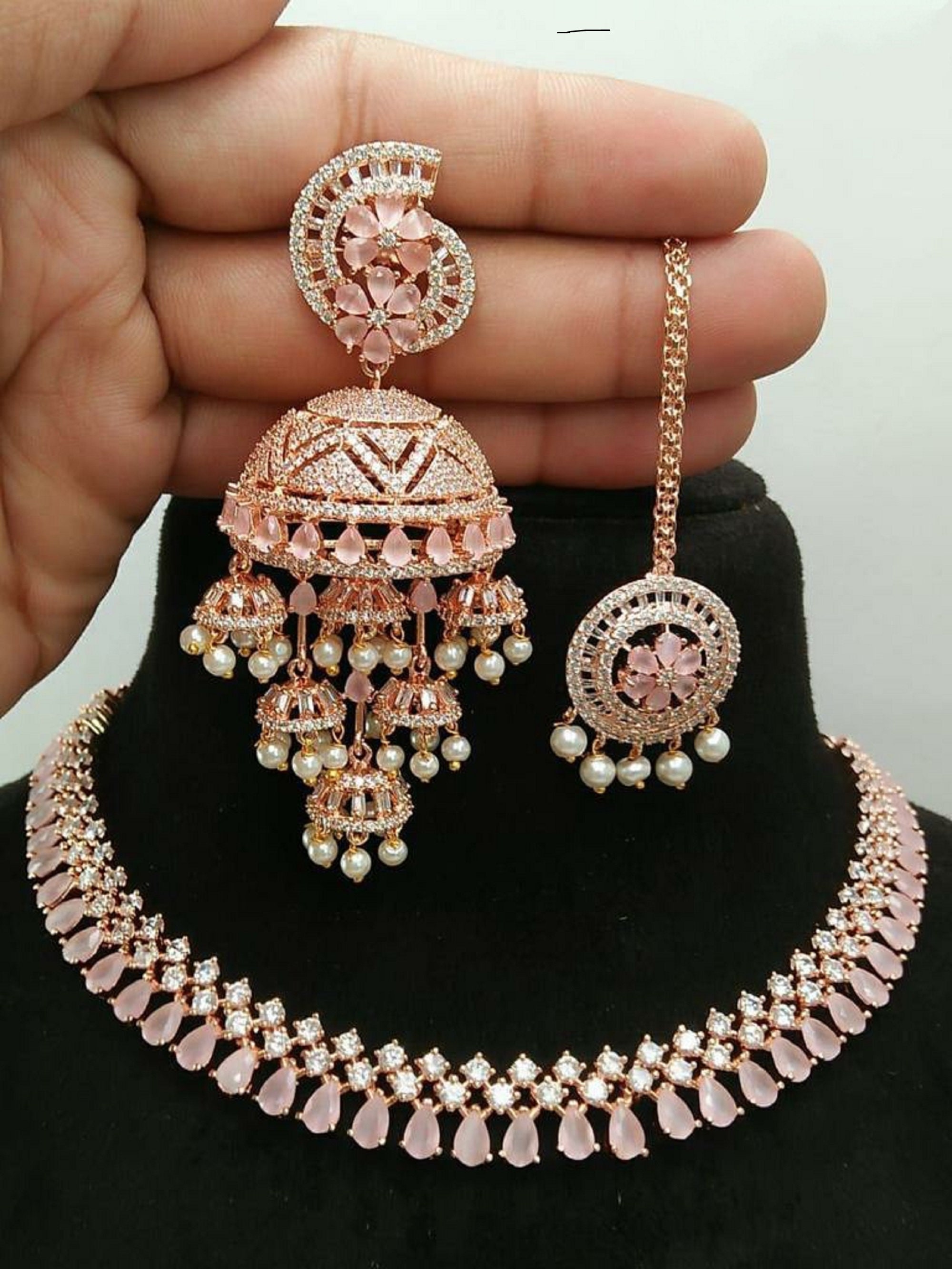 American Diamond rose gold set|Pink Diamond Luxury look CZ Diamond Choker  Necklace|Indian Wedding jewelry |Bollywood bridal set|Gift for her