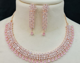 American DIAMOND  Chokar NECKLACE With Earring Cz Jewellery SET  Wedding And Party Wear Indian Jewellery For Women And Girl