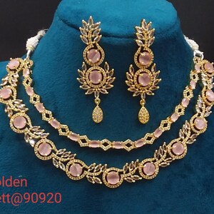 premium gold Plated Sleek Double line NECKLACE Set CZ Stone Made Ethnic Indian Bridal Combo Necklace with Earring American Diamond Set Pink