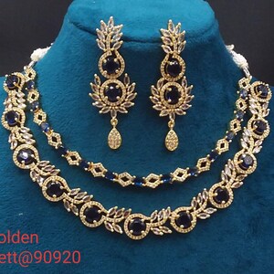 premium gold Plated Sleek Double line NECKLACE Set CZ Stone Made Ethnic Indian Bridal Combo Necklace with Earring American Diamond Set Blue