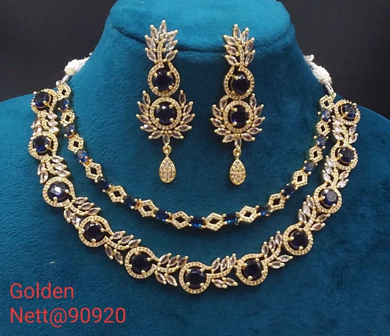 premium gold Plated Sleek Double line NECKLACE Set CZ Stone Made Ethnic Indian Bridal Combo Necklace with Earring American Diamond Set Blue