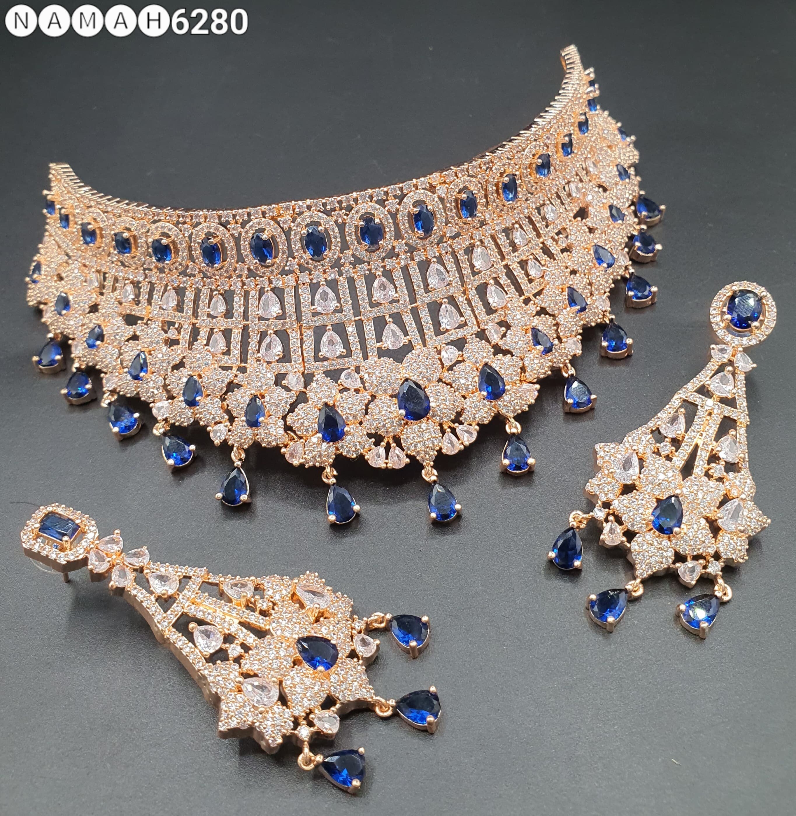 American DIAMOND Choker NECKLACE Set With Chandelier Drop Earring