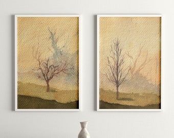 Conjunto de 2 pinturas de árboles, arte de pared de acuarela de naturaleza cambiante, conjunto de paisajes verticales