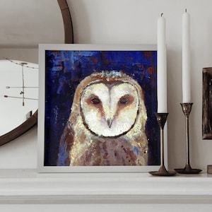 Barn Owl Oil Painting Print, Square Animal Portrait, Original Cute Bird Art, Owl Portrait, Nursery or Kids Room Home Decor Gift Idea