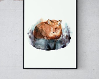 Red Fox Watercolor Print – Wildlife Art, Forest Illustration