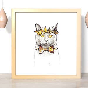 Pittura di gatti con corona di farfalla e papillon - Disegno a inchiostro, nero e giallo, stampa artistica carina di Gattino, idea regalo di decorazione per la casa quadrata, acquerello