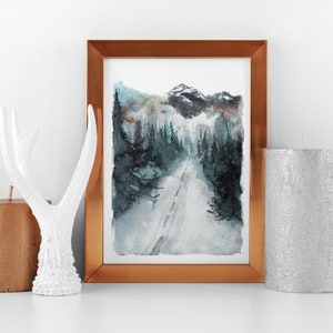 Forest Road trip - Natura Pittura ad acquerello, Arte di viaggio, Paesaggio di montagna Acquerello, Home Art Decor Idea regalo, Stampa di alta qualità