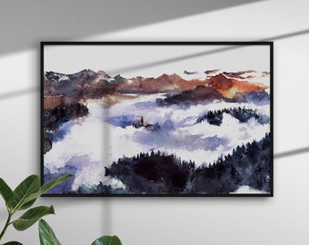 Castle in the Clouds, Watercolor Painting, Mountain wall art, Nature Landscape Watercolour, Travel Gift Idea