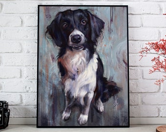 Impression d'art chien de berger anglais, peinture chiot noir et blanc
