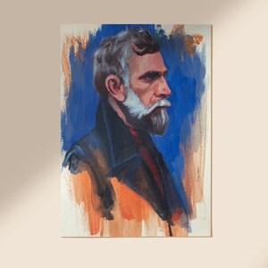 May include: A painting of a man with a grey beard and moustache. He is wearing a dark jacket and a red shirt. The background is a blue and orange abstract design.