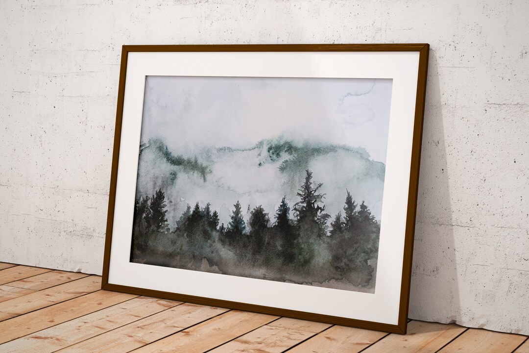 Foggy Pine Forest Watercolor Print, Misty Mountain Landscape - Etsy