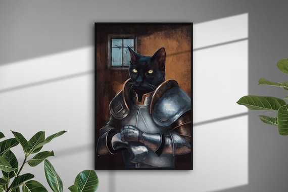 Schwarze Katze Ritter, Süße Katze mit Rüstung und einem Schwert