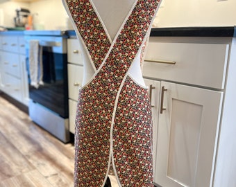 Cross Back Apron with Pockets •  Floral Cross Back Apron • Adult Kitchen Apron • Red Floral Apron