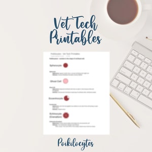 May include: A printable worksheet titled "Vet Tech Printables" with the word "Poikilocytes" at the bottom. The worksheet lists terms related to blood cells, with illustrations of various red blood cell types.