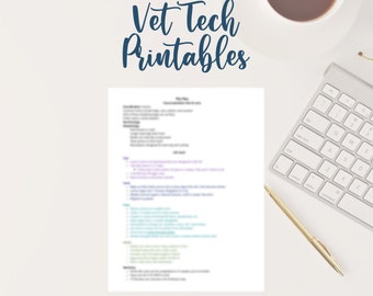 Puede incluir: Vista superior de un espacio de trabajo con un teclado blanco, una taza de café y un bolígrafo dorado. Un documento impreso con el título "External Parasites" está en el centro, con las palabras "Vet Tech Printables" en escritura en la parte superior.