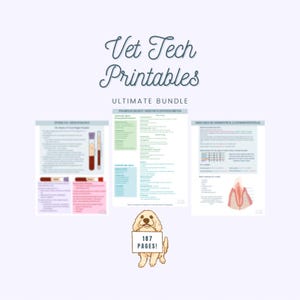 May include: A digital collection titled Vet Tech Printables Ultimate Bundle featuring three educational pages on hematology, pharmacology, and dentistry, accompanied by a cartoon dog illustration holding a sign that reads 187 PAGES!