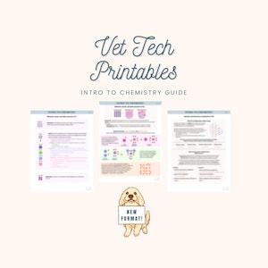 Może przedstawiać: Trzy strony edukacyjne zatytułowane Vet Tech Printables Intro to Chemistry Guide z diagramami, tekstem i strukturami chemicznymi. Pod stronami znajduje się rysunkowy pies trzymający biały znak z napisem NEW FORMAT! czarnymi literami.