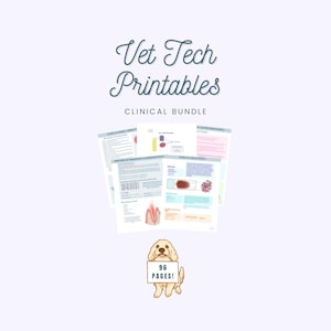 May include: A collection of Vet Tech Printables Clinical Bundle documents featuring various medical charts and diagrams. Below the documents is a cartoon illustration of a golden dog holding a sign that reads 96 PAGES! in black text.