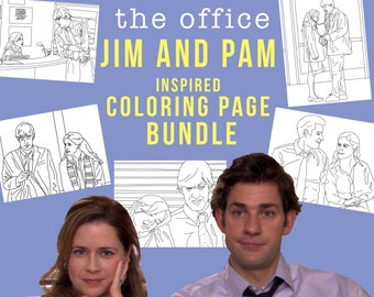 May include: A coloring page bundle inspired by the TV show "The Office" featuring Jim and Pam. The bundle includes four black and white illustrations of Jim and Pam from the show.
