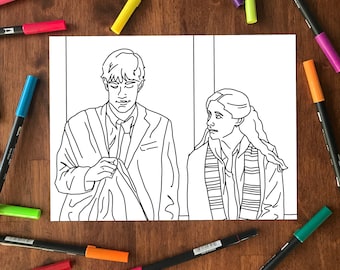 May include: A black and white line drawing of a couple standing side by side. The man is wearing a suit jacket and the woman is wearing a scarf. The drawing is on a white background.
