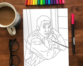 May include: A coloring page featuring a line drawing of a person on the phone, with a coffee mug, glasses, and colorful markers on a wooden surface. The drawing depicts a person in a suit holding a telephone receiver.