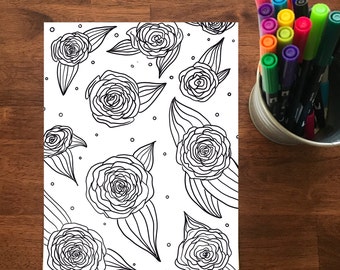 Rosey Floral Coloring Sheet - Instant Digital Download