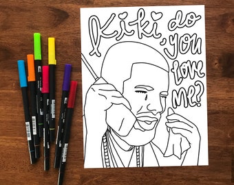 May include: Black and white line art of a person on the phone, with the text "Kiki do you love me?" and a crying face. A set of colorful markers are to the left of the drawing.