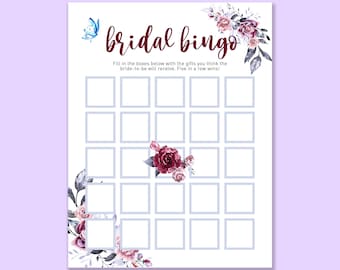 May include: A printable bridal bingo card with a floral design. The card has a light blue background with a white grid and gray squares. The text "bridal bingo" is in a dark red font. The text "Fill in the boxes below with the gifts you think the bride-to-be will receive. Five in a row wins!" is in a smaller dark red font.