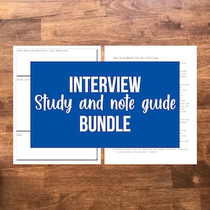 Puede incluir: Una guía de estudio imprimible azul con el texto "INTERVIEW Study and note guide BUNDLE" en blanco. La guía está diseñada para ayudar a prepararse para las entrevistas de trabajo.