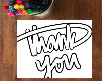 May include: A black and white printable coloring page with the words "Thank You" in a bold, stylized font.