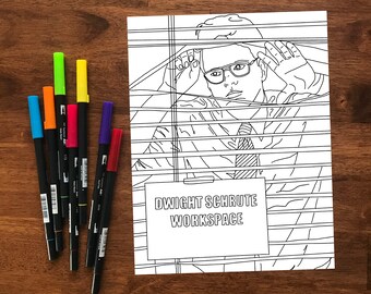 May include: A black and white line drawing of a person peering through blinds, with the text "DWIGHT SCHRUTE WORKSPACE."  Colored markers in blue, green, orange, red, yellow, and purple are arranged on a wooden surface.