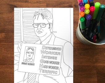 May include: Black and white line art of a person holding a sign with the words "Determined, Worker, Intense, Good Worker, Hard Worker, Terrific." The sign also has a small portrait and the name "Dwight Schrute." A metal container filled with colorful markers is to the right.