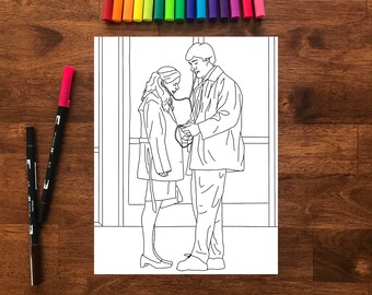 May include: Line art coloring page featuring two people in a scene. The image is on a white paper, with a wooden background. A set of colorful markers are arranged at the top, and two markers are on the left side.