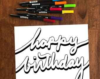 Happy Birthday Coloring Page - Digital Card Instant Download