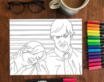 May include: A black and white line drawing of a man and woman, possibly a coloring page, with a coffee mug, glasses, and colored markers on a wooden surface. The man is wearing a tie.