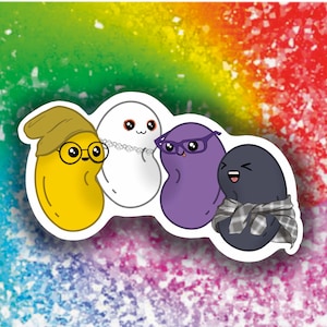 May include: Four bean-shaped characters with different expressions and accessories. A yellow bean wearing a brown hat and glasses, a white bean with a pearl necklace, a purple bean wearing glasses, and a black bean wearing a plaid scarf.