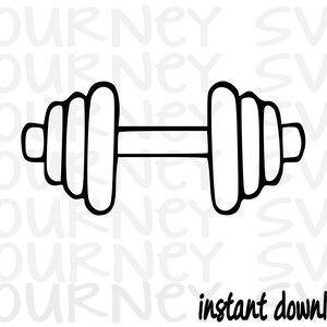 May include: Black and white line art illustration of a dumbbell. The dumbbell has a barbell with two round weights on each end.