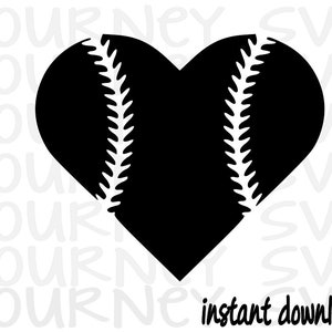 May include: Black and white silhouette of a baseball heart. The heart is shaped like a baseball with stitching.