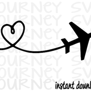 Könnte beinhalten: Schwarze und weiße Silhouette eines Flugzeugs mit einem herzförmigen Schweif. Der Text "Sofort-Download" befindet sich unter dem Flugzeug.