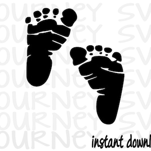 May include: Two black baby footprints, one on top of the other, on a white background. The footprints are a simple silhouette.