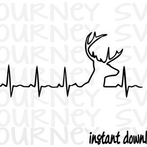 May include: Black and white line art design of a deer head with antlers and a heartbeat line below it. The text "instant download" is below the image.